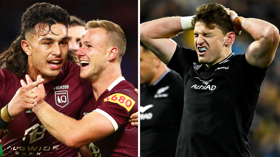 All Blacks star Bauden Barrett (pictured right) reacting with disappointment and (pictured left) Daly Cherry-Evans and Tino Fa'asuamaleaui celebrating.