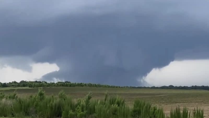 This screenshot taken from a video shows a tornado on June 14, 2023, in Blakely, Ga. Officials from Texas to Georgia are reporting damaging winds and possible tornadoes as a powerful storm system crosses the South.