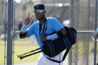 FILE - Miami Marlins' Lewin Diaz jogs between fields during spring training baseball practice in Jupiter, Fla., in this Friday, Feb. 26, 2021, file photo. For the Jeter regime, instant success hasn't happened at all. Four of the Marlins' top 12 prospects made their MLB debuts last year, and none batted above .170. (AP Photo/Jeff Roberson, File)