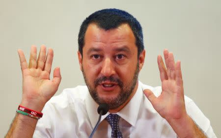 FILE PHOTO: Italy's Interior Minister Matteo Salvini gestures during a news conference at the Viminale in Rome, Italy, June 25, 2018. REUTERS/Tony Gentile/File Photo