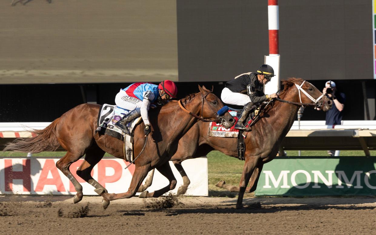 Cyberknife ridden by Florent Geroux wins the TVG.COM Haskell Stakes. 2022 Haskell day at Monmouth Park in Oceanport, NJ on July 23, 2022.