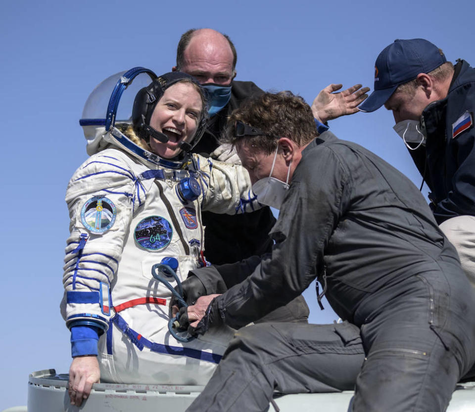 NASA astronaut Kate Rubins is helped out of the Soyuz MS-17 spacecraft just minutes after she and Roscosmos cosmonauts Sergey Kud-Sverchkov and Sergey Ryzhikov landed in a remote area near the town of Zhezkazgan, Kazakhstan. / Credit: NASA/Bill Ingalls