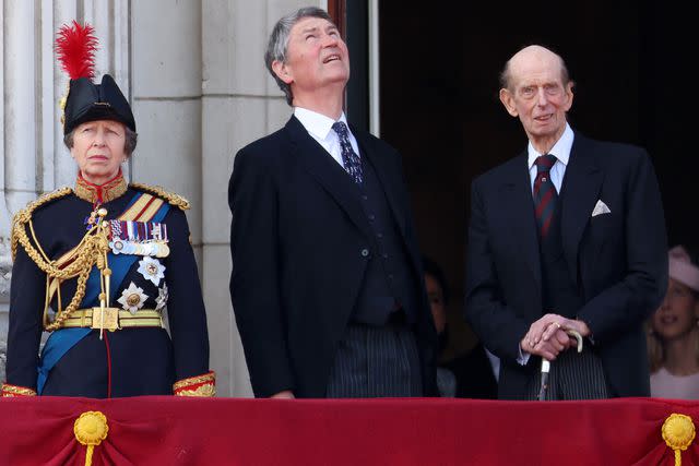 <p>Chris Jackson/Getty</p> Princess Anne, Vice Admiral Sir Timothy Laurence and Prince Edward, Duke of Kent stand on the balcony of Buckingham Palace at Trooping the Colour on June 15, 2024, with Lady Gabriella Windsor behind.