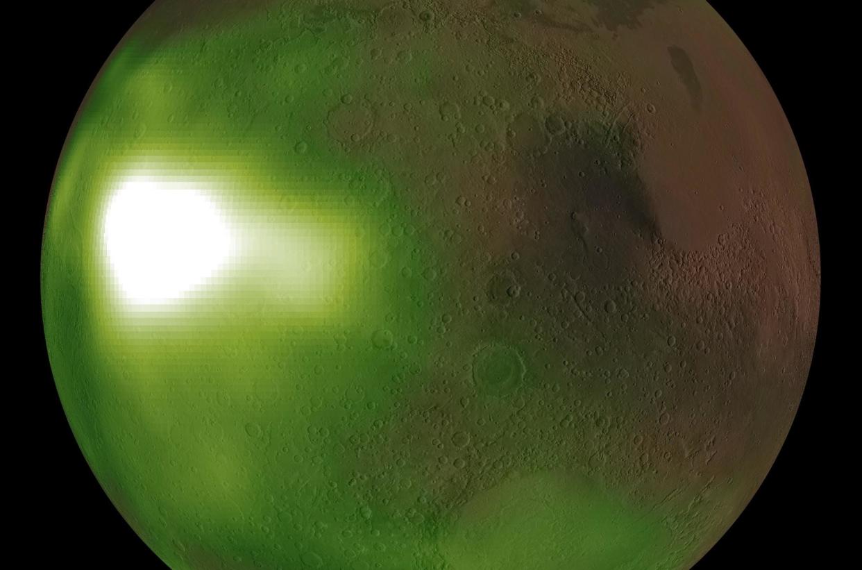 This is an image of the ultraviolet "nightglow" in the Martian atmosphere. Green and white false colors represent the intensity of ultraviolet light, with white being the brightest: NASA/MAVEN/Goddard Space Flight Center/CU/LASP