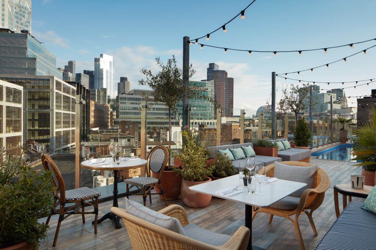 The dining terrace and plunge pool at Mondrian Shoreditch.