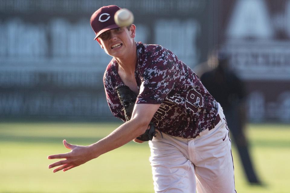 Calallen's Justin Lamkin throws a pitch during the first inning in a Class 4A baseball playoff game against Pearsall at Steve Chapman Field on Friday, May 14, 2021.