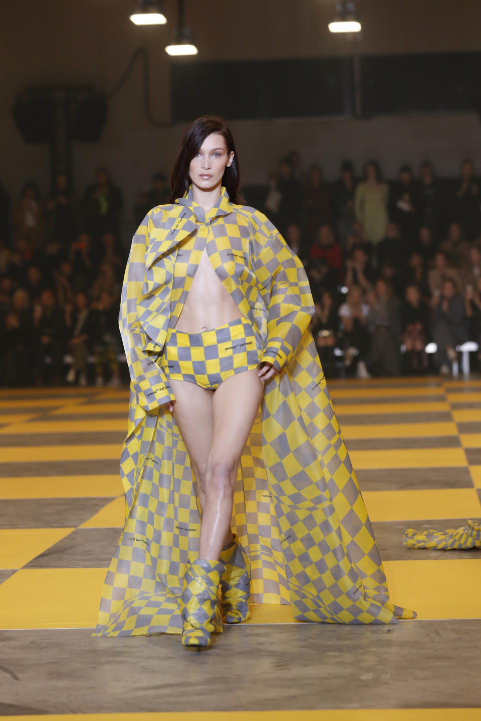 Model Bella Hadid wears a creation as part of the Off-White ready to wear Fall-Winter 2019-2020 collection, that was presented in Paris, Thursday, Feb. 28, 2019. (AP Photo/Thibault Camus)