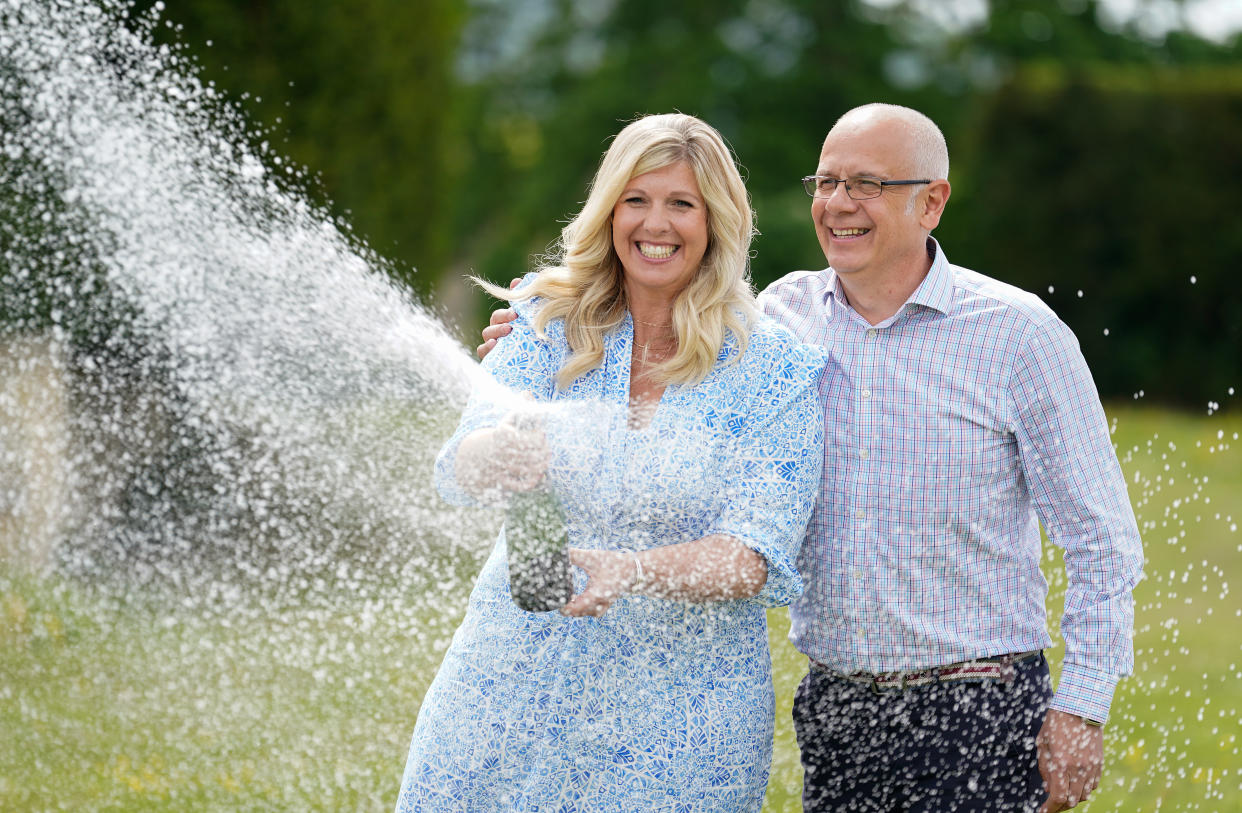 Joe Thwaite, 49, and Jess Thwaite, 46, from Gloucestershire celebrate after winning the record-breaking EuroMillions jackpot of �184M from the draw on Tuesday 10 May, 2022, at the Ellenborough Park Hotel, in Cheltenham, Gloucestershire. Picture date: Thursday May 19, 2022.