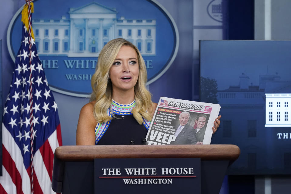 White House press secretary Kayleigh McEnany speaks during a news conference at the White House, Thursday, Sept. 24, 2020, in Washington. (AP Photo/Patrick Semansky)