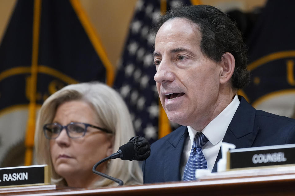 Vice Chair Liz Cheney, R-Wyo., left, listens as Rep. Jamie Raskin, D-Md., speaks as the House select committee investigating the Jan. 6 attack on the U.S. Capitol holds a hearing at the Capitol in Washington, Tuesday, July 12, 2022. (AP Photo/J. Scott Applewhite)