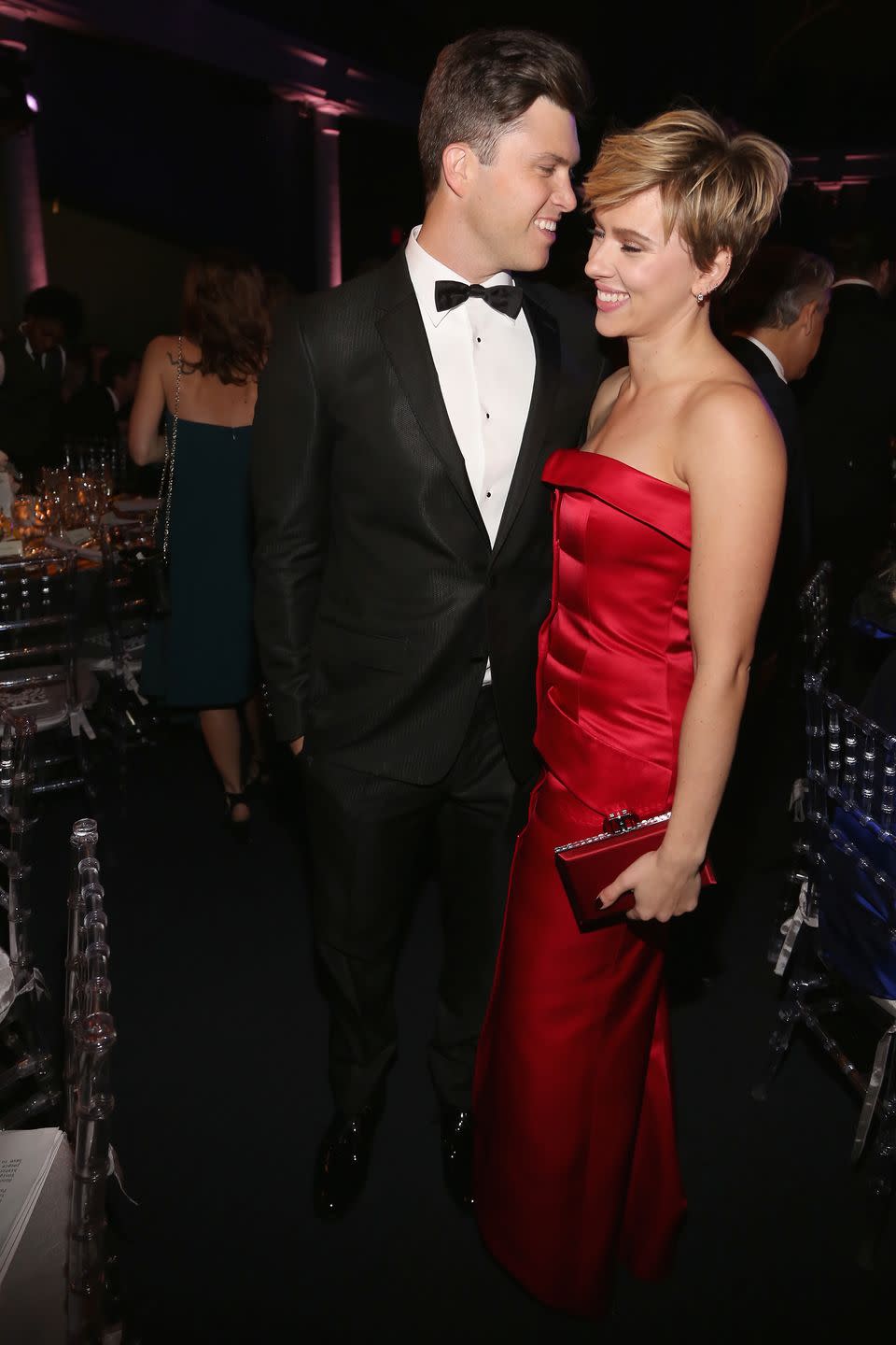 <p>When the couple attended the 2017 fundraising gala together at the America Museum of Natural History in New York, it marked their first public outing together as a couple. </p><p>They showed up separately on the occasion, but once they united, their affection for one another was clear. </p><p>Johansson wore a vintage red Saint Laurent dress, cut to a svelte strapless silhouette with a button-down front. Jost arrived in a sharp dinner suit that perfectly contrasted Johansson's look. </p>