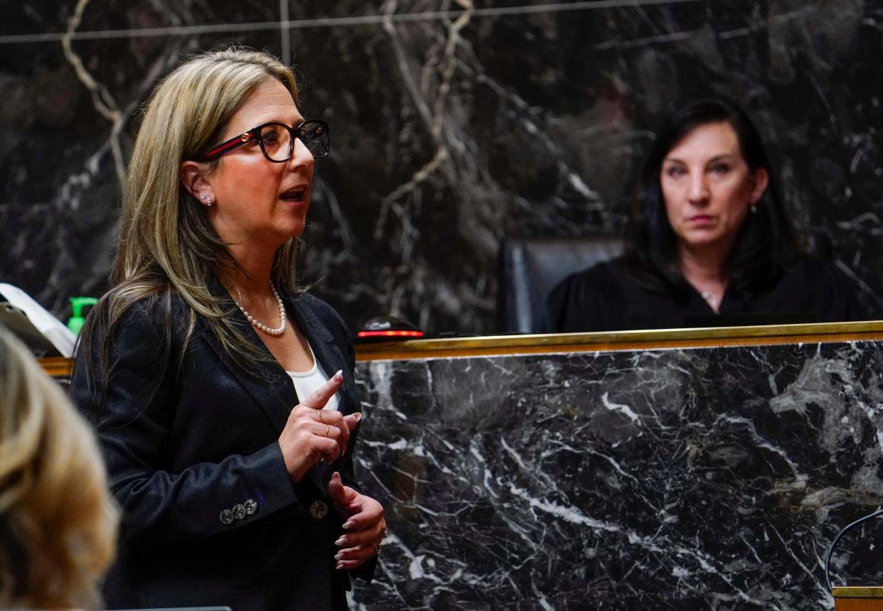 Mariell Lehman, attorney for James Crumbley, makes opening statements in the Oakland County courtroom of Judge Cheryl Matthews during his trial. Crumbley is being tried on four counts of involuntary manslaughter Thursday, March. 7, 2024. Crumbley's son was the perpetrator in the 2021 Oxford School mass shooting that left four students dead and seven others injured. Crumbley's wife, Jennifer was found guilty last month for the same charges. Crumbley bought his son the gun that was used in the shooting.