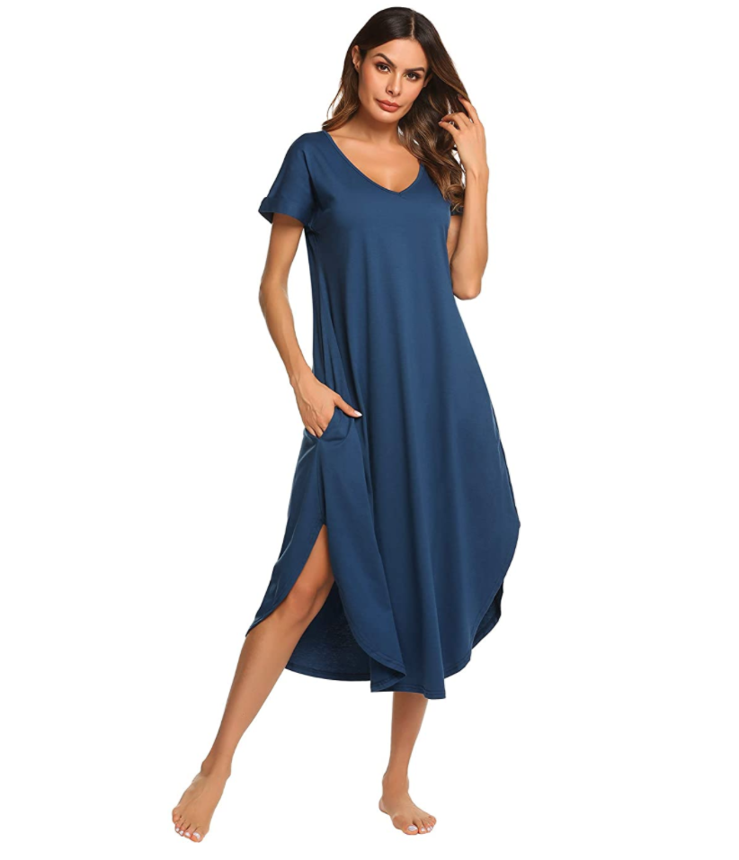 Ekouaer Women&#39;s Sleepwear Casual V Neck Nightshirts Short Sleeve Long Nightgown. Photo via Amazon.