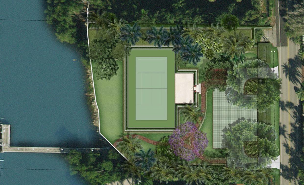 An aerial rendering shows the clay tennis court designed for a lakefront lot in the 1200 block of South Ocean Boulevard in Palm Beach. The lot is owned by a limited liability company linked to billionaire Ken Griffin, Palm Beach's largest residential land owner.