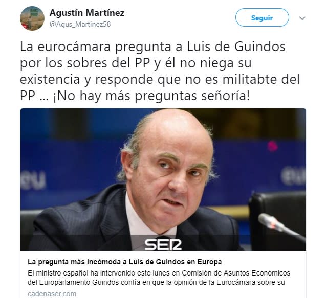 <p>El aspirante a vicepresidente del BCE recibió varias preguntas comprometidas, una de ellas fue sobre los sobres del PP.<br>Foto: Twitter. </p>