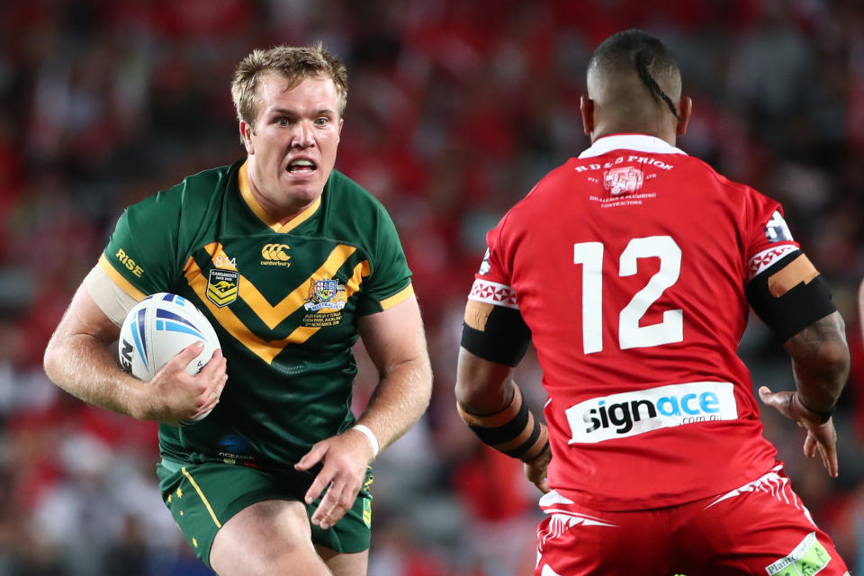 AUCKLAND, NEW ZEALAND - NOVEMBER 02: Jake Trbojevic of Australia 
 in action during the Rugby League International Test match between the Australia Kangaroos and Tonga at Eden Park on November 02, 2019 in Auckland, New Zealand. (Photo by Fiona Goodall/Getty Images)