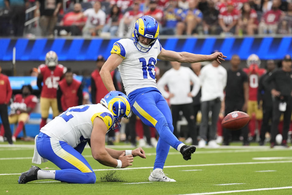 Los Angeles Rams place kicker Joshua Karty (16) kicks a field goal from the hold of Ethan Evans during the second half of an NFL football game, Sunday, Sept. 22, 2024, in Inglewood, Calif. (AP Photo/Ashley Landis)