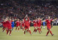 VANCOUVER, CANADA - JANUARY 27: Team Canada salutes their fans after defeating Mexico 3-1 during the semifinals of the 2012 CONCACAF Women's Olympic Qualifying Tournament at BC Place on January 27, 2012 in Vancouver, British Columbia, Canada. Canada qualified for the 2012 Summer Olympic Games in London (Photo by Rich Lam/Getty Images)