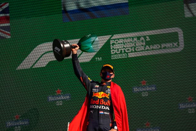 Red Bull driver Max Verstappen celebrates his victory at the Dutch Grand Prix