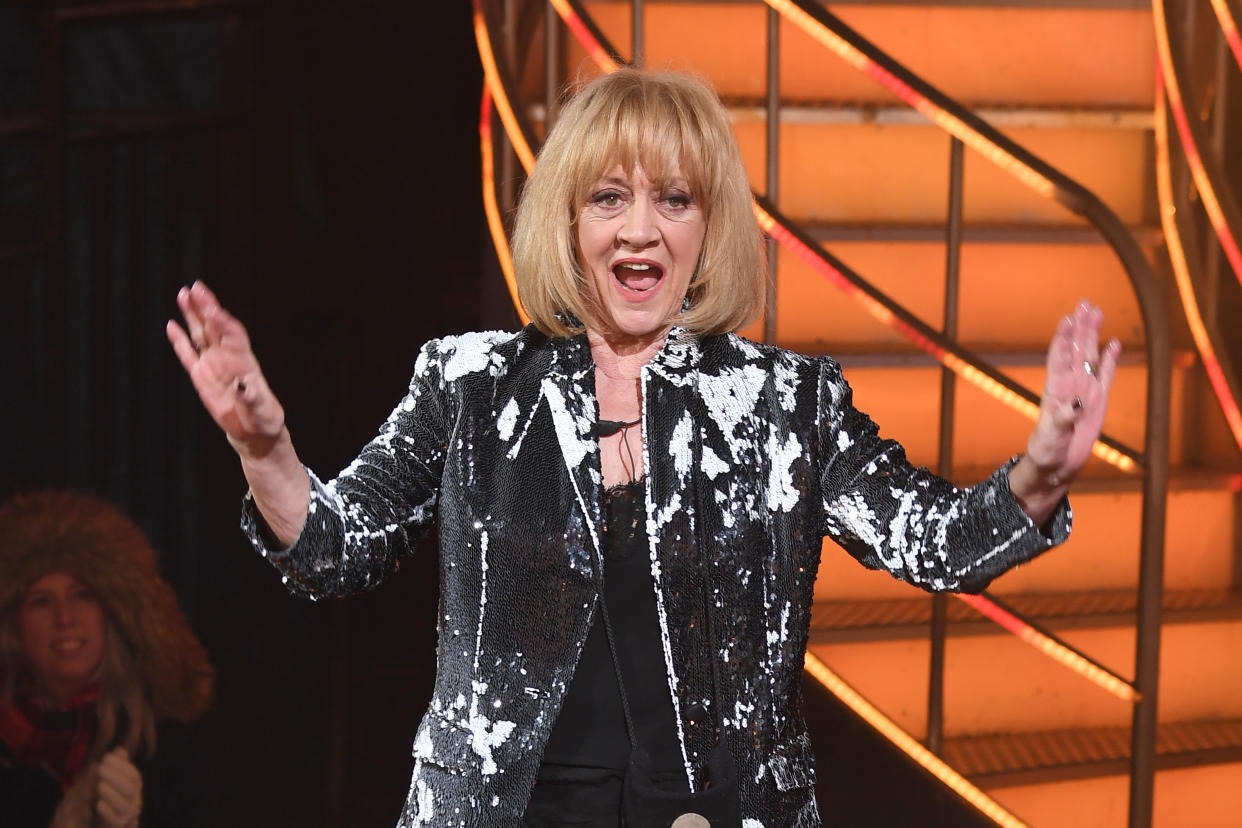BOREHAMWOOD, ENGLAND - JANUARY 30:  Amanda Barrie during the Celebrity Big Brother eviction at Elstree Studios on January 30, 2018 in Borehamwood, England.  (Photo by Jeff Spicer/Getty Images)