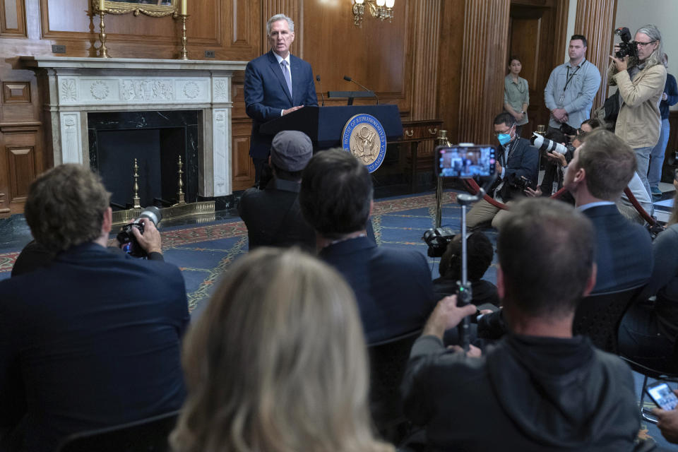 Former Speaker of the House Rep. Kevin McCarthy, R-Calif., speaks during a news conference at the Capitol in Washington, Monday, Oct. 9, 2023. The militant Hamas rulers of the Gaza Strip carried out an unprecedented, multi-front attack on Israel at daybreak Saturday, firing thousands of rockets as dozens of Hamas fighters infiltrated the heavily fortified border in several locations, killing hundreds and taking captives. Palestinian health officials reported scores of deaths from Israeli airstrikes in Gaza. (AP Photo/Jose Luis Magana)