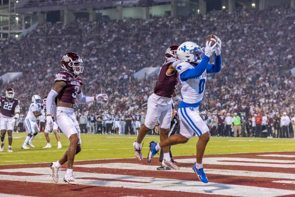 Kentucky running back Demie Sumo-Karngbaye (0) caught a touchdown pass from Devin Leary to spark UK’s 24-3 win at Mississippi State last week. Both Sumo-Karngbaye and Leary transferred to UK from North Carolina State.