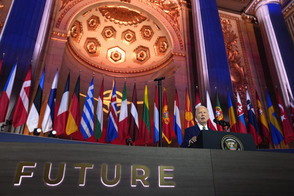 President Joe Biden delivers remarks on the 75th anniversary of NATO at the Andrew W. Mellon Auditorium, Tuesday, July 9, 2024, in Washington. (AP Photo/Evan Vucci)