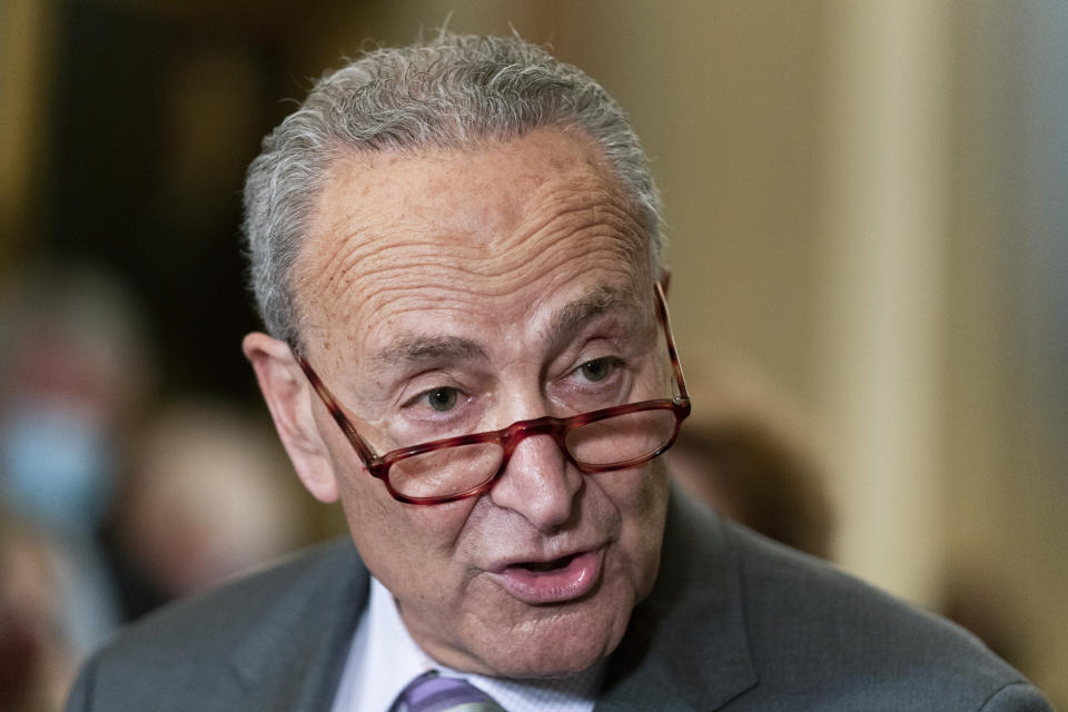 Senate Majority Leader Chuck Schumer of N.Y., speaks to reporters on Capitol Hill in Washington, Tuesday, Oct. 5, 2021. (AP Photo/Manuel Balce Ceneta)