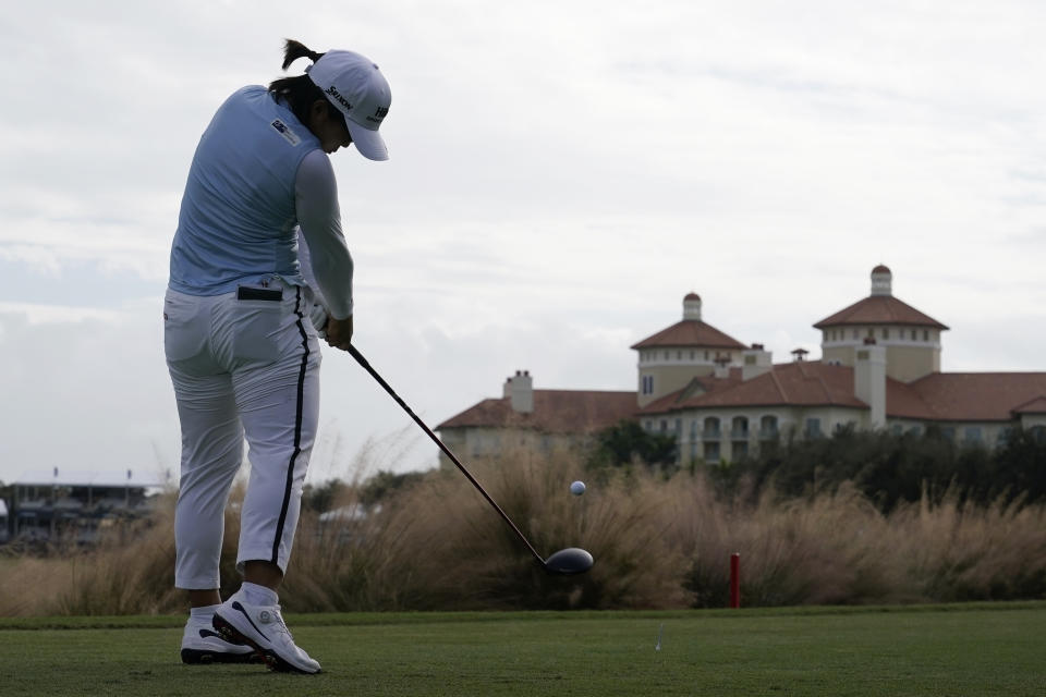 Nasa Hataoka, of Japan, plays her shot from the 18th tee during the first round of the LPGA CME Group Tour Championship golf tournament, Thursday, Nov. 16, 2023, in Naples, Fla. (AP Photo/Lynne Sladky)