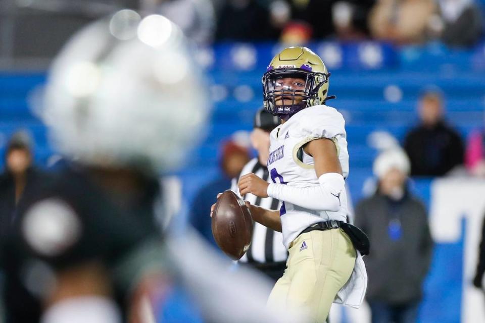 Quarterback Deuce Bailey (2) led Bowling Green to the state finals at Kroger Field last fall where the Purples were defeated by Frederick Douglass for the Class 5A title. Bailey returns this season but Douglass won’t be an obstacle since the Broncos have been moved to 6A.