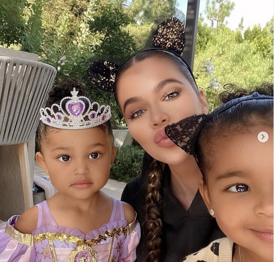 <p>Stormi as a purple princess (seemingly Rapunzel from <em>Tangled</em>), Khloé as a mouse, and True as a cat.</p><p>Khloé <a href="https://www.instagram.com/p/CGLnmAPB83U/" rel="nofollow noopener" target="_blank" data-ylk="slk:shared the selfie on October 10;elm:context_link;itc:0;sec:content-canvas" class="link ">shared the selfie on October 10</a>, writing on her Instagram, "🎃👻Collecting Memories With My Favorite People👻🎃"</p>
