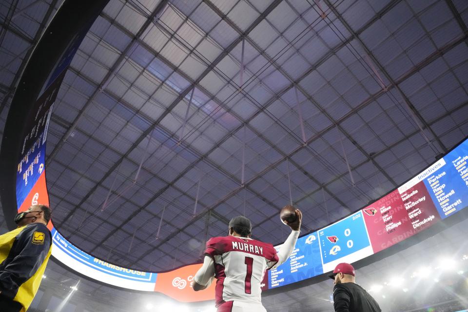 Jan 17, 2022; Los Angeles, California, USA;  Arizona Cardinals quarterback Kyler Murray (1) warms up before playing against the Los Angeles Rams in the NFC Wild Card playoff game.