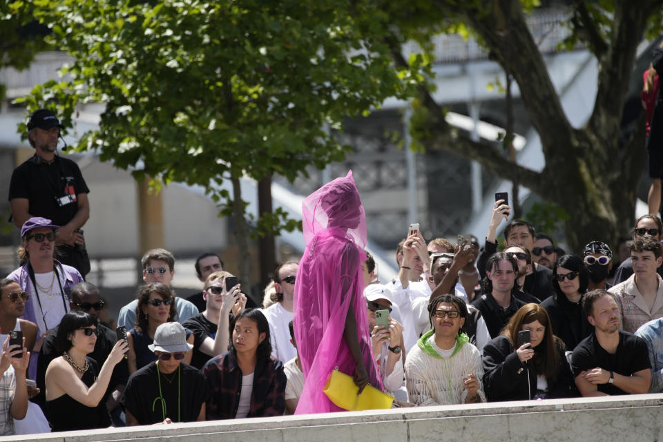 A model wears a creation as part of the Rick Owens men's Spring Summer 2023 collection presented in Paris, France, Thursday, June 23, 2022. (AP Photo/Christophe Ena)