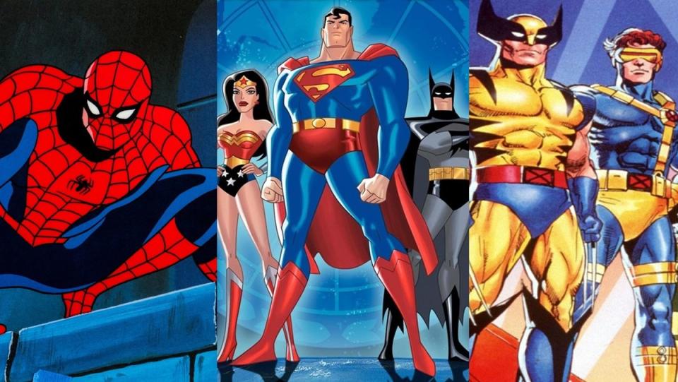 the heroes of 1994's Spider-Man (L) the Justice League (Center) and X-Men (R).