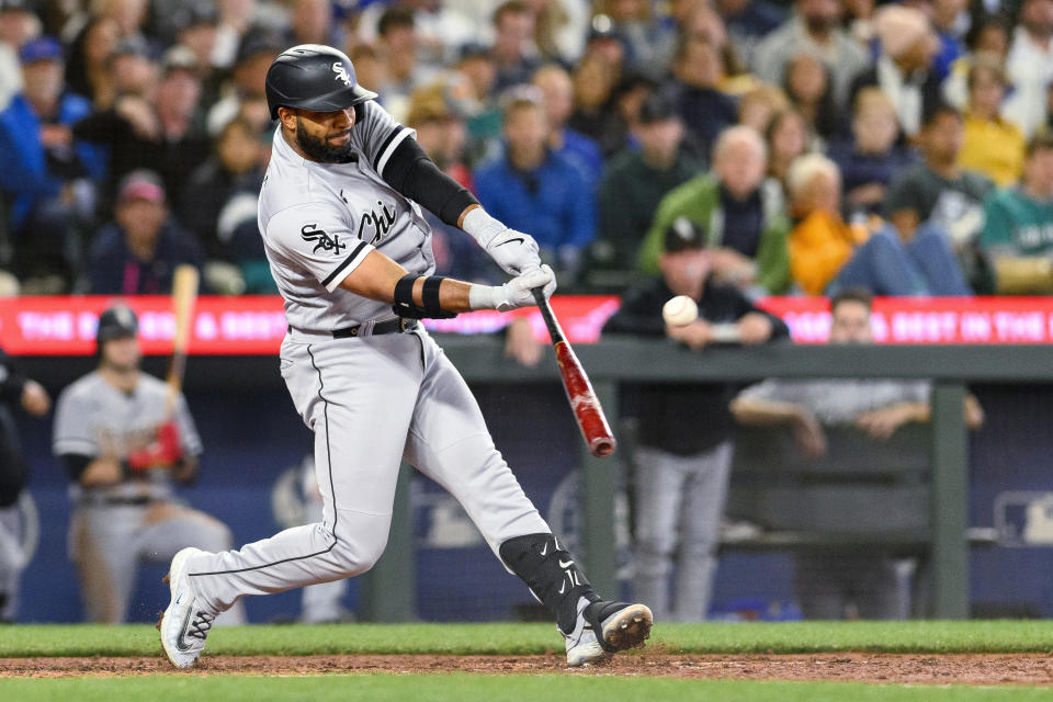 Chicago White Sox's Elvis Andrus flies out against the Seattle Mariners during the sixth inning of a baseball game Saturday, June 17, 2023, in Seattle. (AP Photo/Caean Couto)