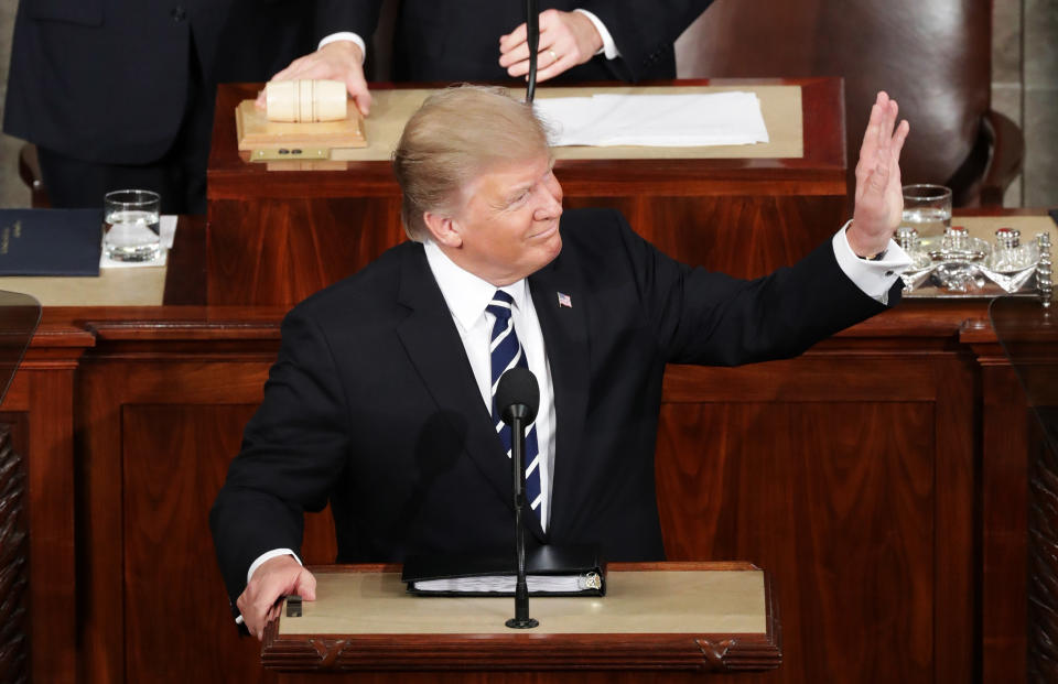 U.S. President Donald Trump addresses a joint session of the U.S. Congress on February 28, 2017 in the House chamber of the U.S. Capitol in Washington, DC.&nbsp;