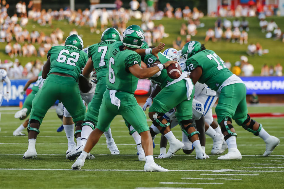 DALLAS, TX - SEPTEMBER 07: North Texas Mean Green quarterback Mason Fine (6) throws the football downfield during the game between the Southern Methodist Mustangs and the North Texas Mean Green on September 7, 2019 at Gerald Ford Stadium in Dallas, Texas. (Photo by Matthew Pearce/Icon Sportswire via Getty Images)