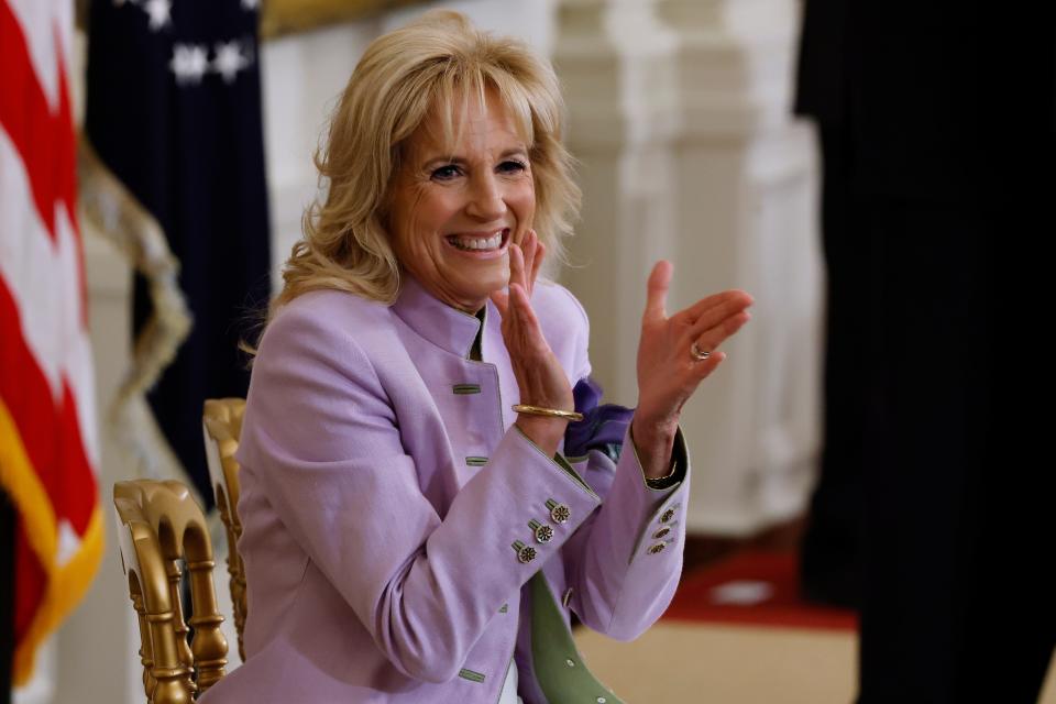 First lady Jill Biden celebrated Equal Pay Day in the East Room of the White House on March 15, 2022, to mark Women's History Month.