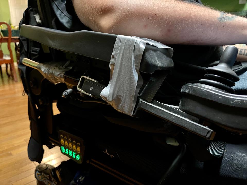 Cory Lee's wheelchair held together with duct tape.