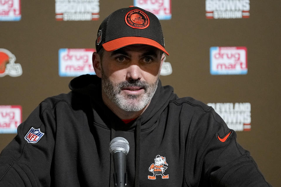 Cleveland Browns head coach Kevin Stefanski speaks during a news conference after their win against the New York Jets in an NFL football game Thursday, Dec. 28, 2023, in Cleveland. (AP Photo/Sue Ogrocki)