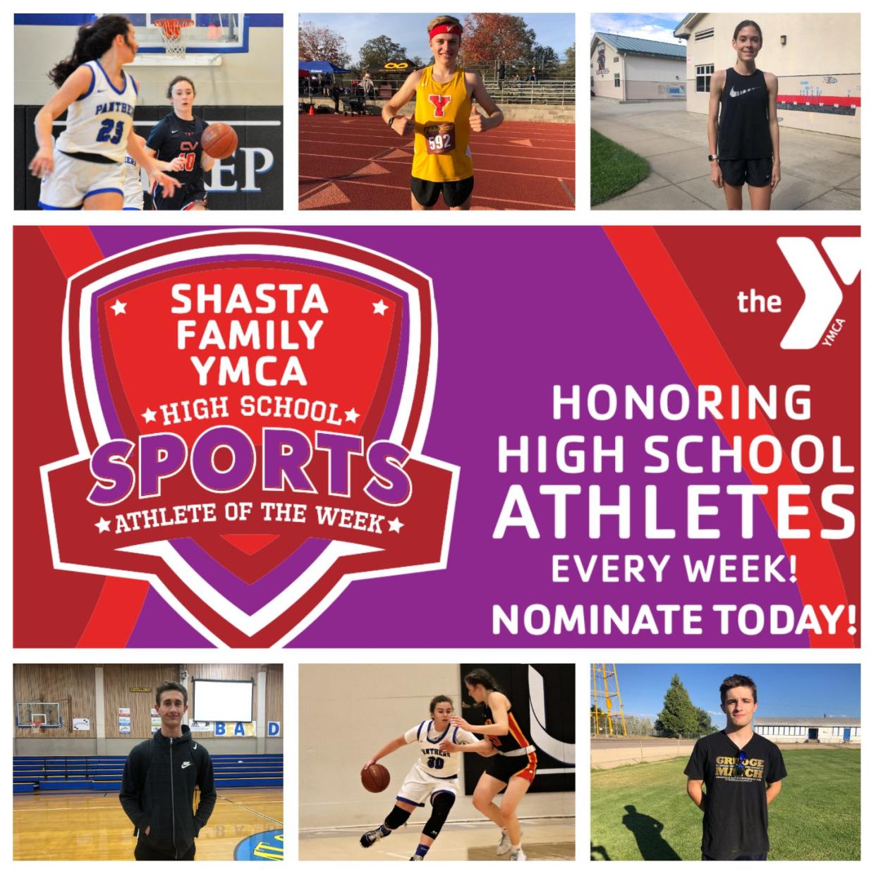 Central Valley senior guard Kennedy Lain (top left), Yreka runner Henry Baun (top), Foothill sophomore Jasmine Corliss (top right) were named the Shasta Family Athletes of the Week alongside Mount Shasta junior Kellen Riccomini (bottom left), U-Prep sophomore guard JoAnna Warren (bottom) and Fall River sophomore defensive lineman Isaiah Wortman.