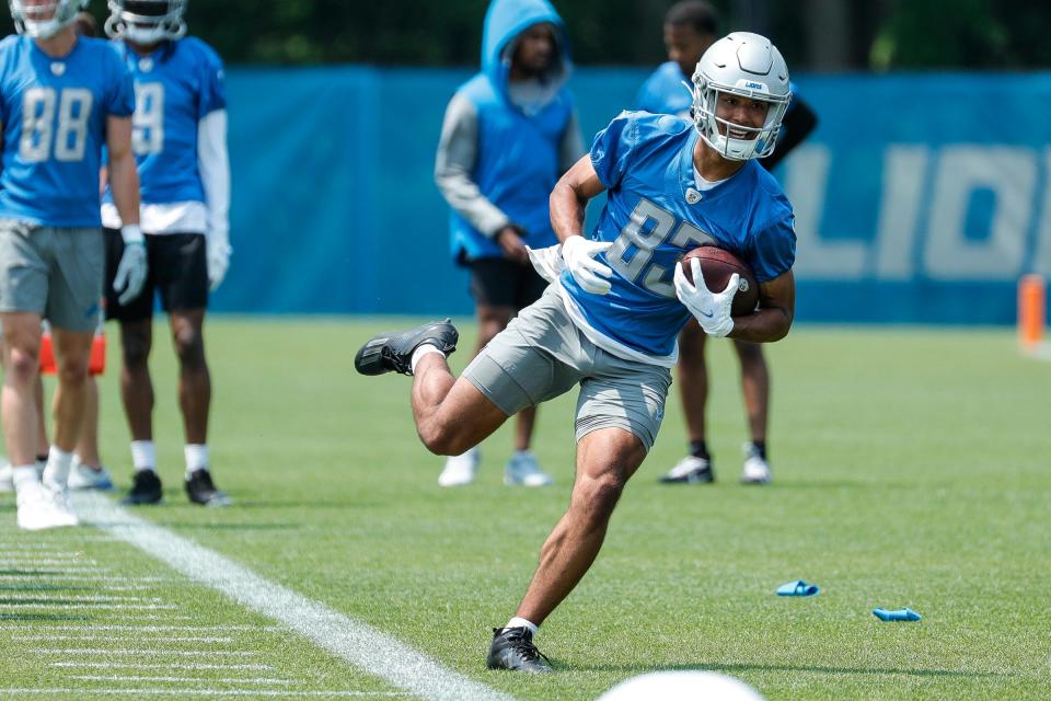 Lions wide receiver Dylan Drummond makes a catch during minicamp at in Allen Park on Wednesday, June 7, 2023.