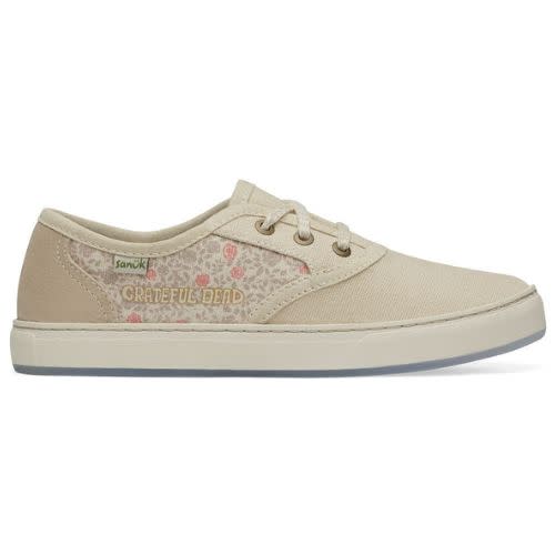 tan tennis sneaker from sanuk with floral pattern and grateful dead logo