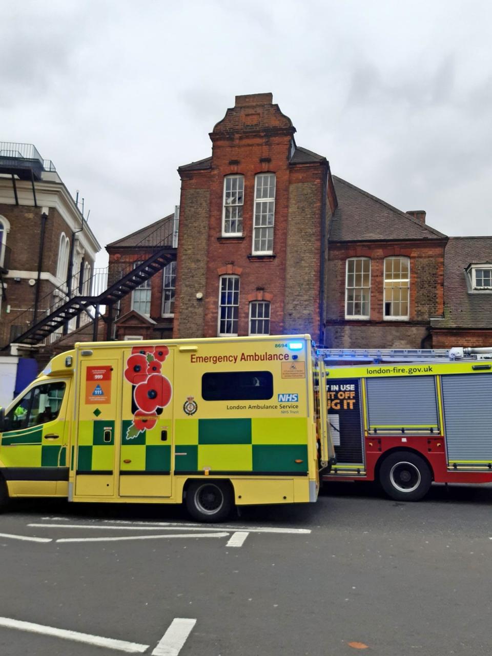 Emergency services outside Rosemead Preparatory School in Dulwich (London Fire Brigade/PA) (PA Media)