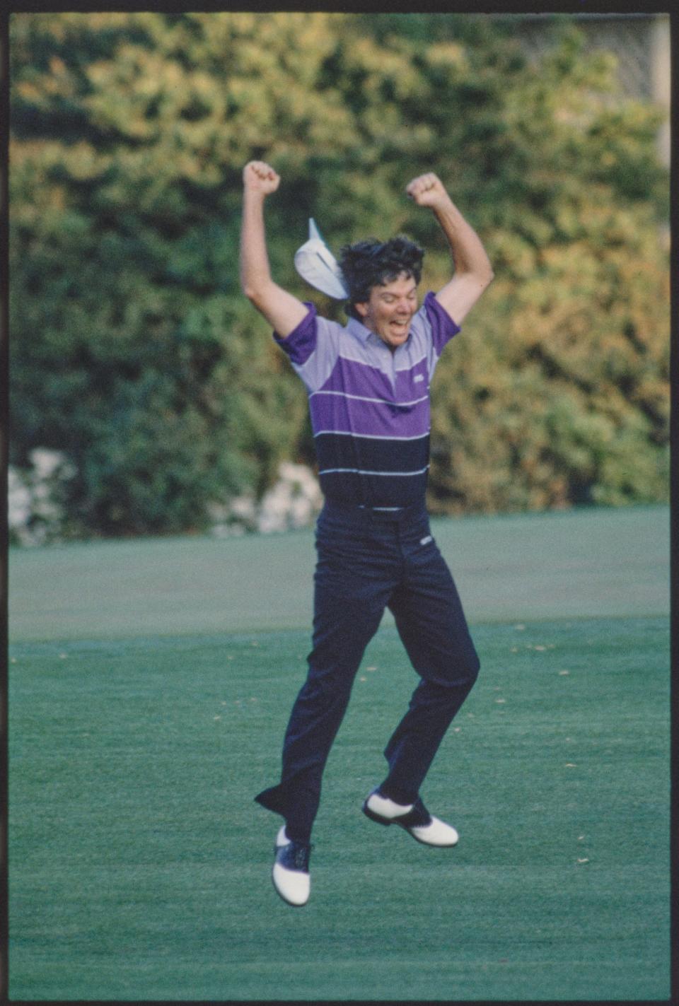 Larry Mize reacts to holing out his chip off the 11th green during a playoff to win the 1987 Masters Tournament.