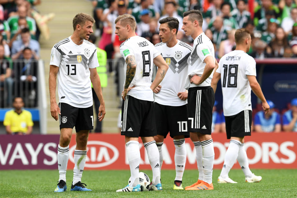 German players react during the 2018 FIFA World Cup Russia group F match between Germany and Mexico. (Getty Images)