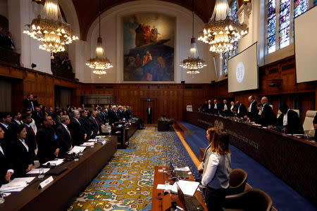 Judges are seen at the International Court of Justice during the final hearing in the Kulbhushan Jadhav case in The Hague, the Netherlands, February 18, 2019. REUTERS/Eva Plevier
