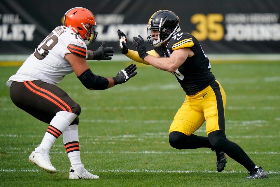 Pittsburgh Steelers outside linebacker T.J. Watt (90) in action against Cleveland Browns offensive tackle Jack Conklin (78) during an NFL football game, Sunday, Oct. 18, 2020, in Pittsburgh. (AP Photo/Justin Berl)