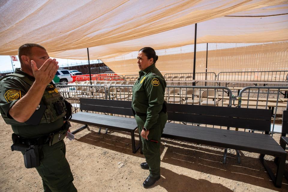 El Paso Sector U.S. Border Patrol Chief Gloria I. Chavez visits an area where migrants are being processed on Tuesday.