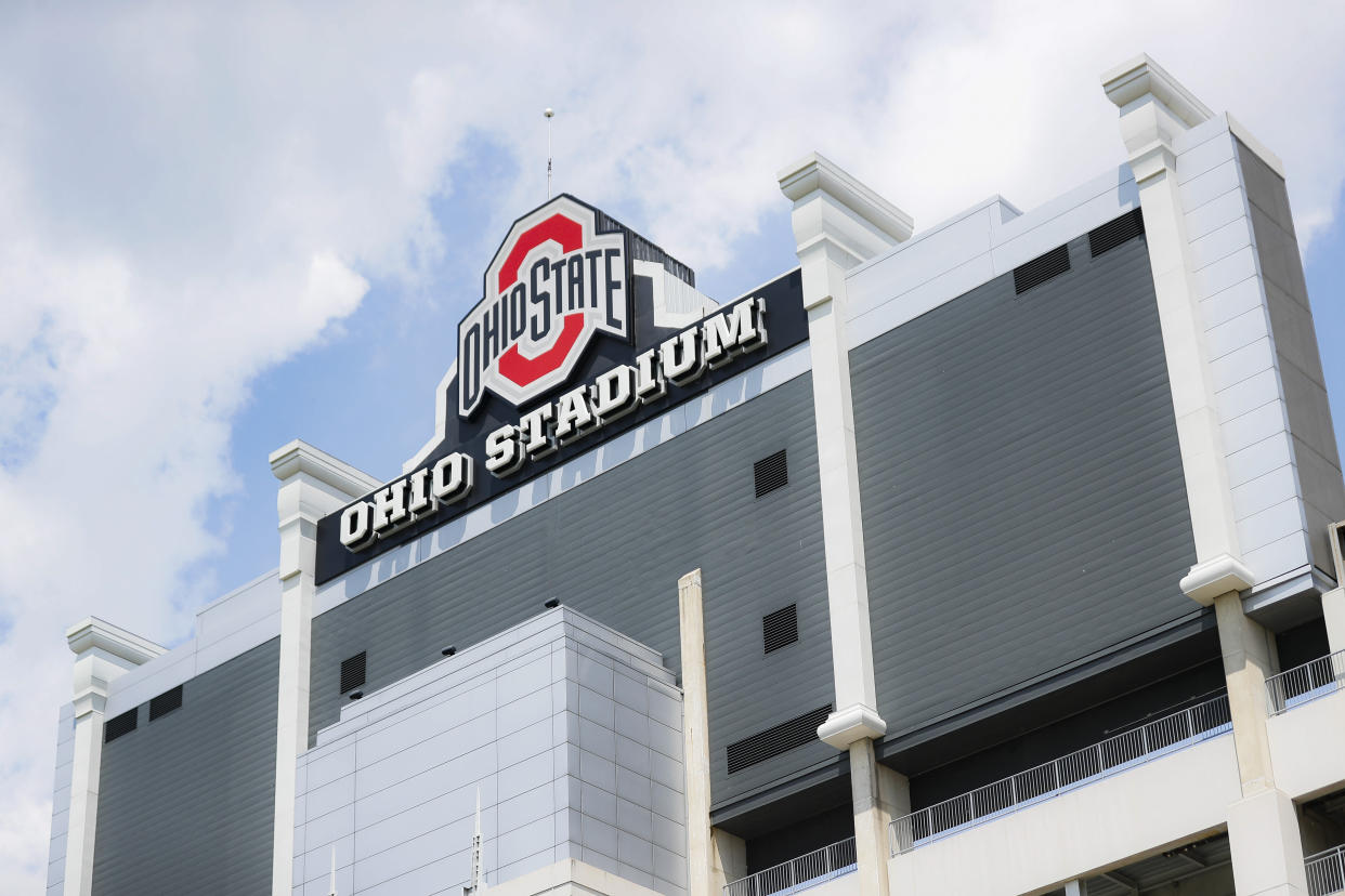 Clouds pass above The Ohio State University's football stadium, Saturday, May 18, 2019, in Columbus, Ohio. Dr. Richard Strauss, a now-dead Ohio State team doctor sexually abused at least 177 male students from the 1970s through the 1990s, and numerous university officials got wind of what was going on over the years but did little or nothing to stop him, according to a report released by the school Friday. (AP Photo/John Minchillo)